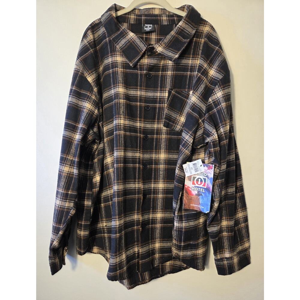 Tango Hotel Plaid Flannel Men's XXL Long Sleeve Button Up Brown Cotton Blend NWT